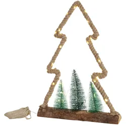 ECD Germany LED-Jute-Baum 35x6,5x45 cm mit 45 warmweißen LEDs, Deko Weihnachtsbaum aus Seil mit 3 Tannen & Jutesäckchen, batteriebetrieben mit Timer,