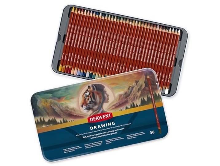 Derwent Drawing Buntstifte, 36er-Set in Blechdose, 5 mm runder Kern, Premium-Kernstärke, cremige Textur, ideal für müheloses Zeichnen und Kolorieren, professionelle Qualität, 2306557