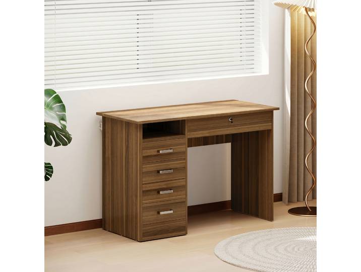 HOMCOM Bureau 110x50cm 5 Tiroirs Rangement Noyer Verrouillable