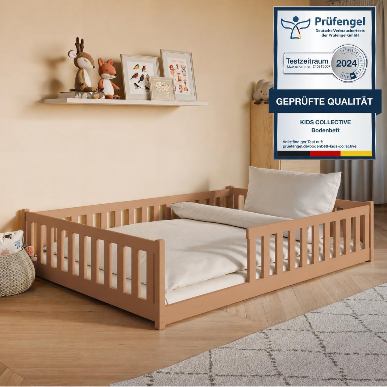 Kinderbett Bodenbett 140x200 cm mit Rausfallschutz, Matratze & Lattenrost Montessori Bett Bed Gitterbett Kinder Jugendbett Einzelbett | Zimt