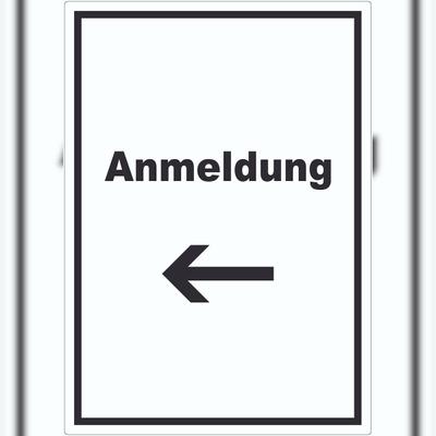 HB-Druck Anmeldung Aufkleber mit Text und Richtungspfeil links Aufnahme hochkant A0 (841x1189mm)