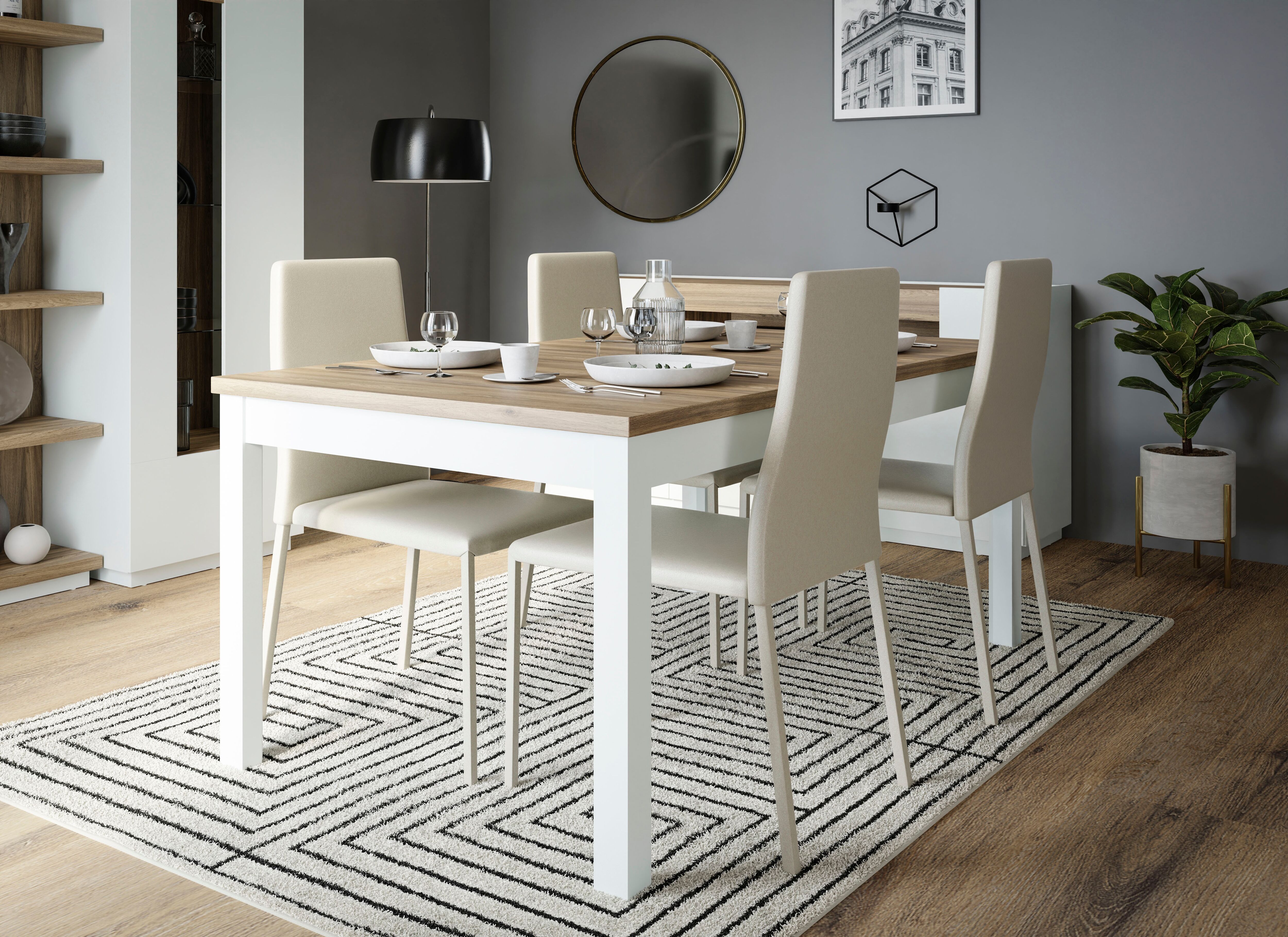 Esstisch FORTE "Lewisville", weiss (secret grau, valencia eiche, valencia eiche), B:160,4cm H:76,6cm T:90cm, Tische, Esstisch secret grau, valencia eiche, valencia eiche B/H/T: 160,4cm x 76,6cm x 90cm, Auszugsplatte