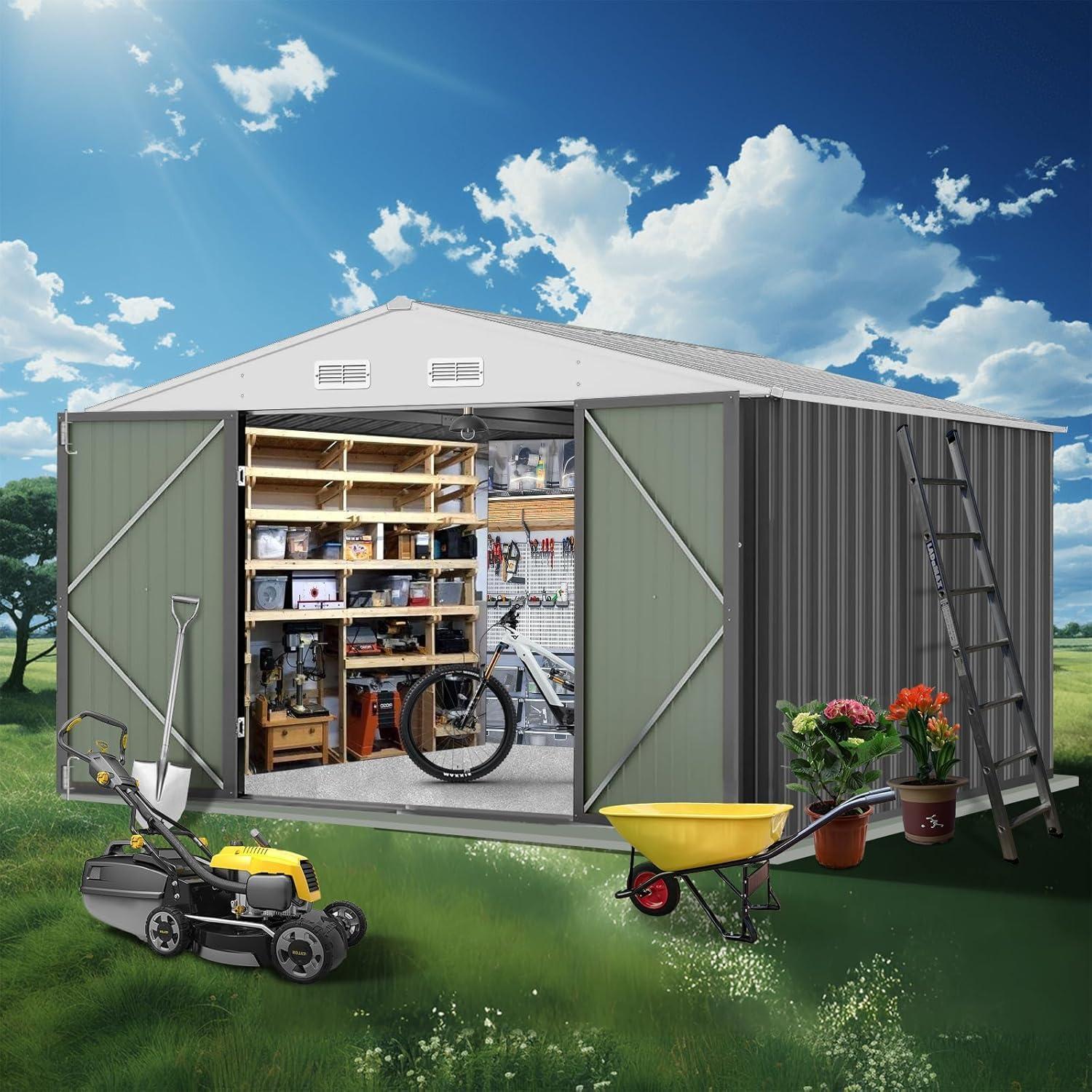 Metall Gerätehaus 12x10 FT, Gartenhaus aus verzinktem Stahl, wetterfest, mit Doppelschiebetüren, Belüftung und abschließbarem Eingang, Grau
