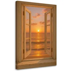 LEINWANDBILD Blick aus einem Fenster auf den Sonnenuntergang am Strand 70x100cm