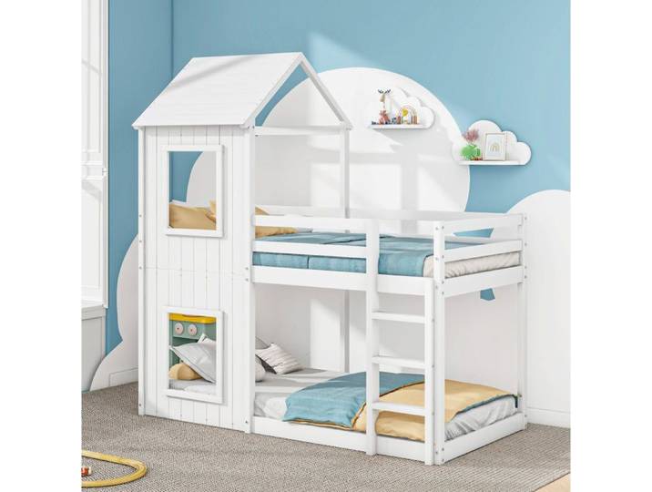 HOMVRA Lit Superposé Enfant 90×200cm - Lit Cabane avec Échelle et Baldaquin 2 Sommiers Inclus - Bois - Blanc
