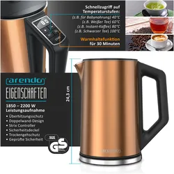 Arendo Frühstücks Set Edelstahl Wasserkocher 1,5l mit Temperatureinstellung & Eierkocher für 7 Eier, Kupfer, Eierkocher, Kupfer