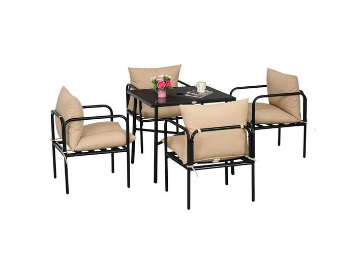 ComfortXL Gartentischgruppe De-18105 mit 12 cm dicken Polsterkissen Schwarz/Beige, Metall, Gartenmöbel, Gartengarnituren, Gartenmöbel-Sets