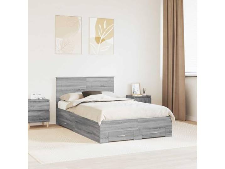 RJPLMFV Bettgestell, grau, Sonoma, 135 x 190 cm, Holz, Technik Mit Aufbewahrungsschubladen, Stangengriffen, Lamellen inklusive, einfache Reinigung
