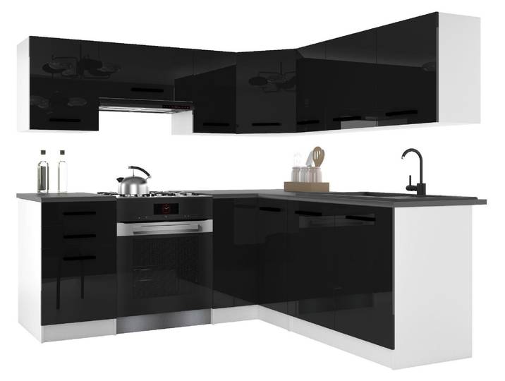 Belini Moderne Küchenzeile Küchenblock ITALIA 6 - Küchenmöbel 360cm Schwarz - Einbauküche mit Hängeschränke, Unterschränke & Arbeitsplatten