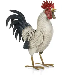 Moritz Deko Hahn Hühnerfigur 38 cm Metall handbemalt Weiß-Marmoriert Landhausstil Vintage Gartenfigur für Garten Terrasse Wohnbereich Hauseingang