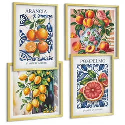 BILDER SET 4er Set - 50x50 cm & 40x60 cm Goldrahmen - Italienische Zitrus-Modeplakate