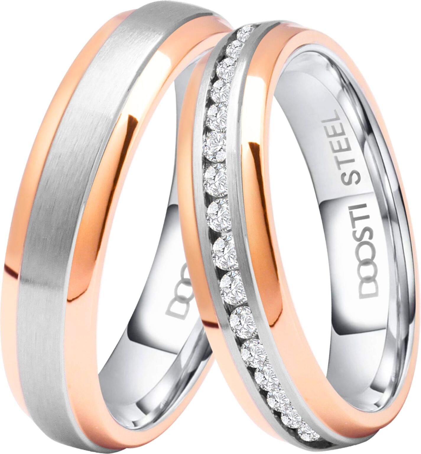 Trauring DOOSTI "Schmuck Geschenk Edelstahl Trauring Ehering Partnerring LIEBE" Gr. 60, rosa (edelstahlfarben, roségoldfarben), Fingerringe, 60, ohne Zirkonia, Edelstahl, 5mm, Trauring, wahlweise mit Zirkonia oder ohne Zirkonia