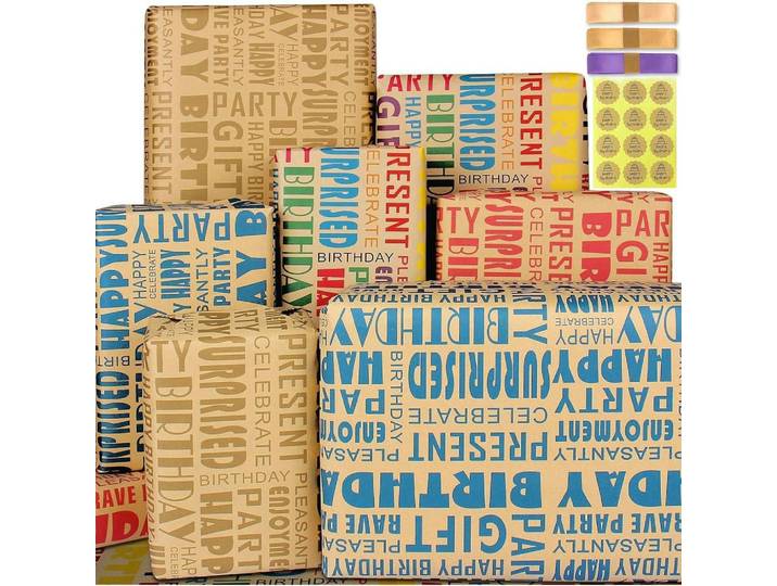 Geschenkpapier Set Geburtstag 5 Blatt mit Band und Aufklebern, Mehrfarbig, Papier, 22x1x33 cm, Dekoration, Geschenkartikel, Geschenkbänder & Geschenkpapier