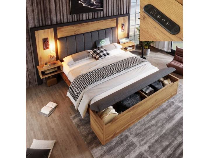 Lit coffre - LANGTU - 160x200 cm - Sommier à lattes - LED intégrée USB-C