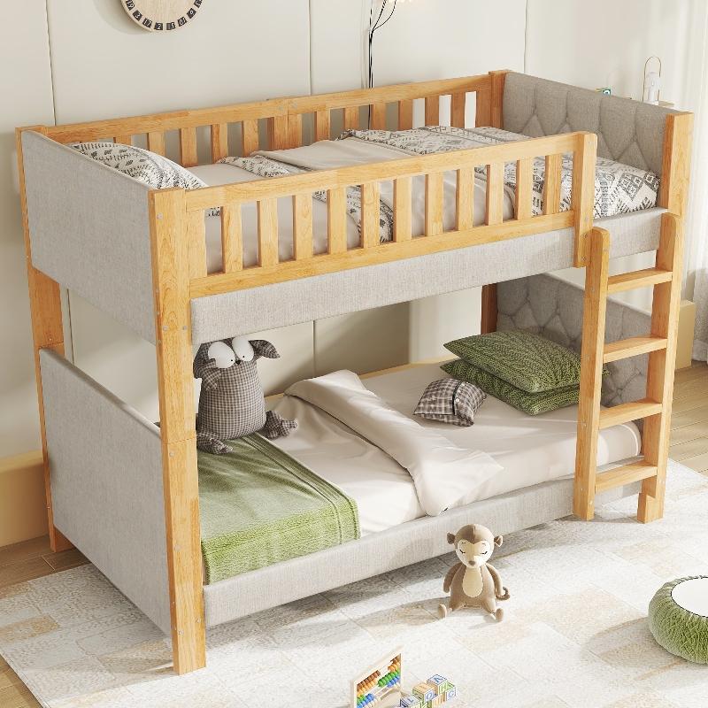Etagenbett 90x200 cm Grau+Natur aus Kautschukholz, MDF mit Absturzsicherung und vierstufiger gerader Treppe für Kinderzimmer