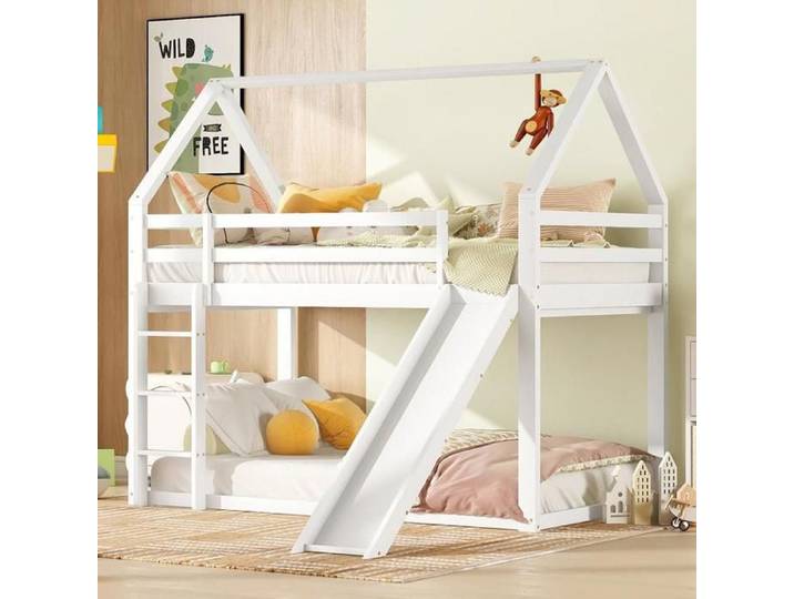Lit superposé 90x200 cm avec toboggan et échelle Lit enfant en forme de maison Cadre de lit simple Blanc