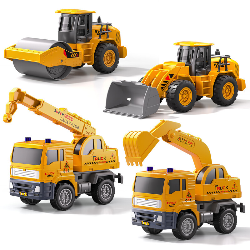 TEMI 4-delige set wrijvingsaangedreven bouwvoertuigen met graafmachine, kraan, bulldozer en wals