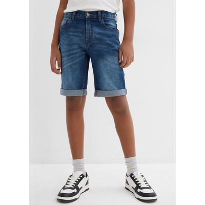 Bermudas BONPRIX, Jungen, Gr. 164, N-Gr, blau (blau denim), Obermaterial: 82% Baumwolle, 17% Polyester, 1% Elasthan, slim fit, Hosen Bermudas, aus Stretch-Material, Slim fit Passform, verstellbarer Taillenbund