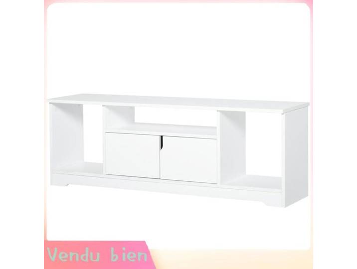LIA Meuble TV banc 3 niches placard double porte blanc 120x30x41cm