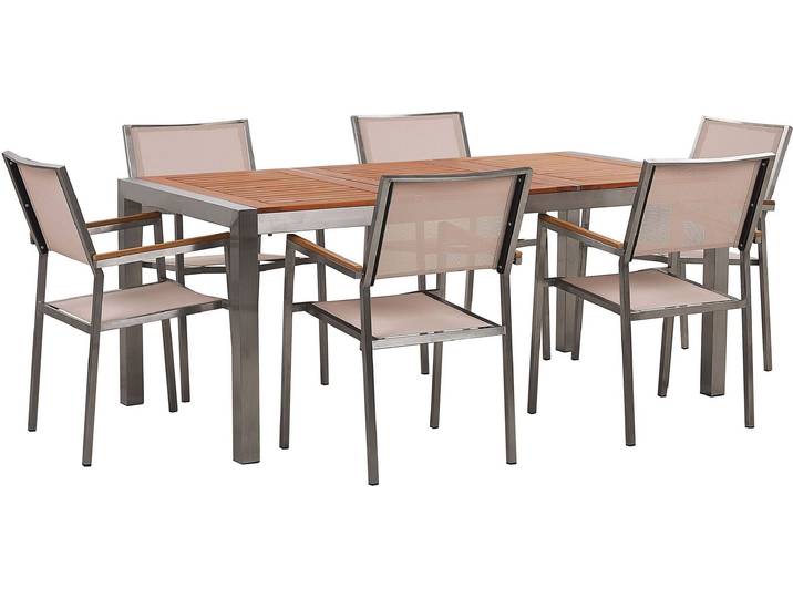 BELIANI Gartenmöbel Set Eukalyptusholz Edelstahl Tisch 180 cm 6 Stühle Beige Terrasse Outdoor Modern Garten Terrasse