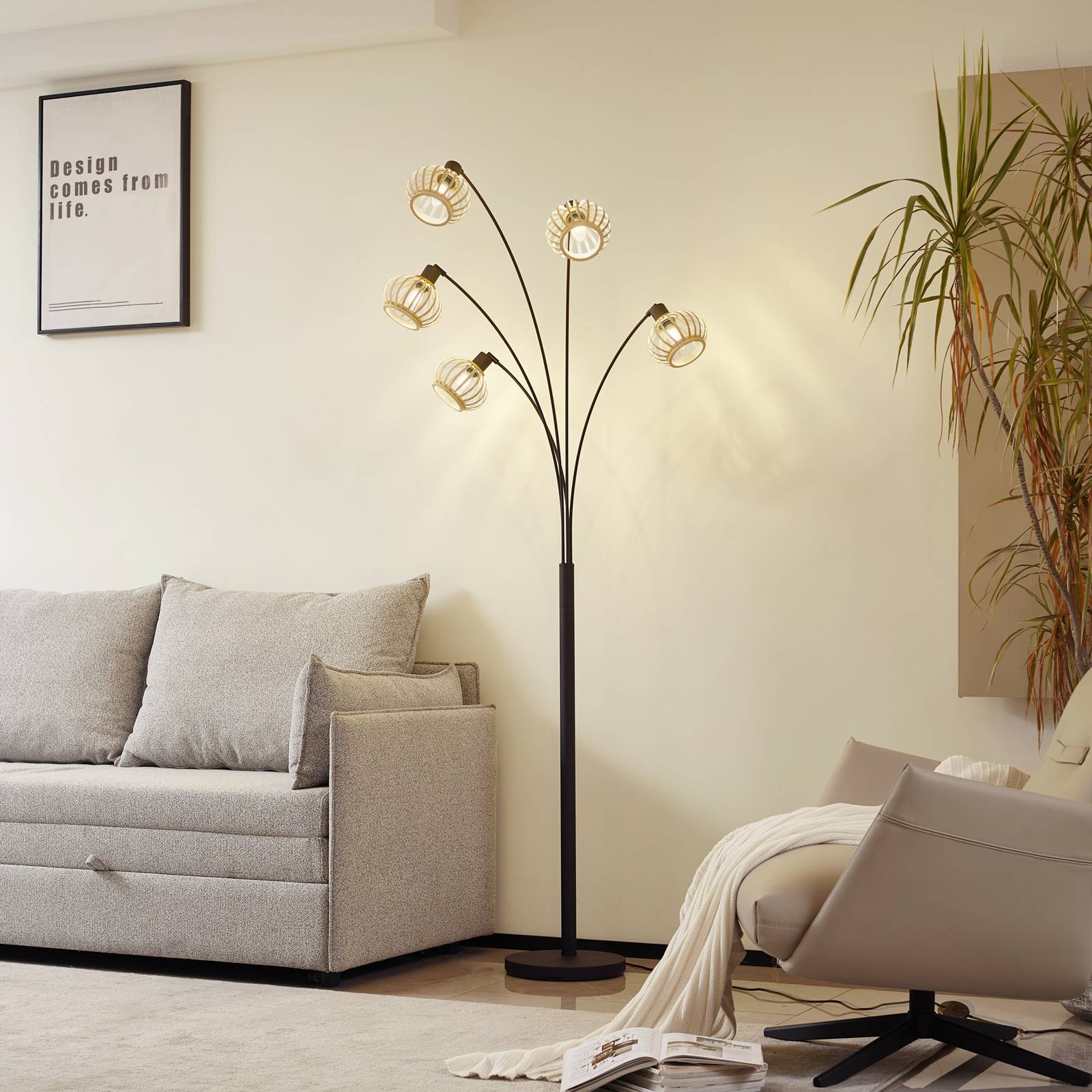 Gulvlampe Lielle Lindby, Lyst træ, Stue/spisestue, Bambus, Herregårds/rustik