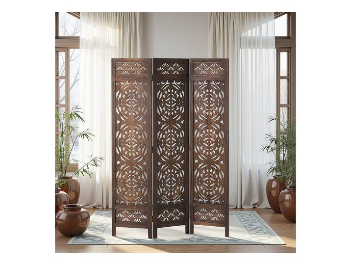 Homestyle4u Paravent Raumteiler Indoor Holz Trennwand Braun Sichtschutz faltbar Muster (3-teilig), Orientalisch, Dunkelbraun, Holzmotiv