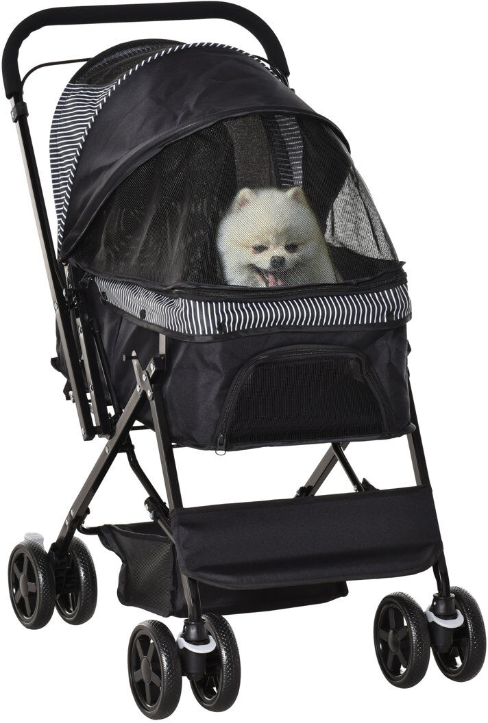 PawHut Pet Stroller Dog Foldable Travel Carriage with Reversible Handle Black Black 241.3cm H X 52cm W X 76.5cm D