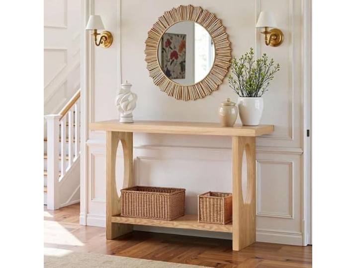 Massivholz Konsolentisch mit Regal für Eingang Wohnzimmer Flur Zuhause Sofatisch Doppelte Aufbewahrung Naturholz für Kleine Wohnung Flur Schlafzimmer(Wood,120CM/47.2in)