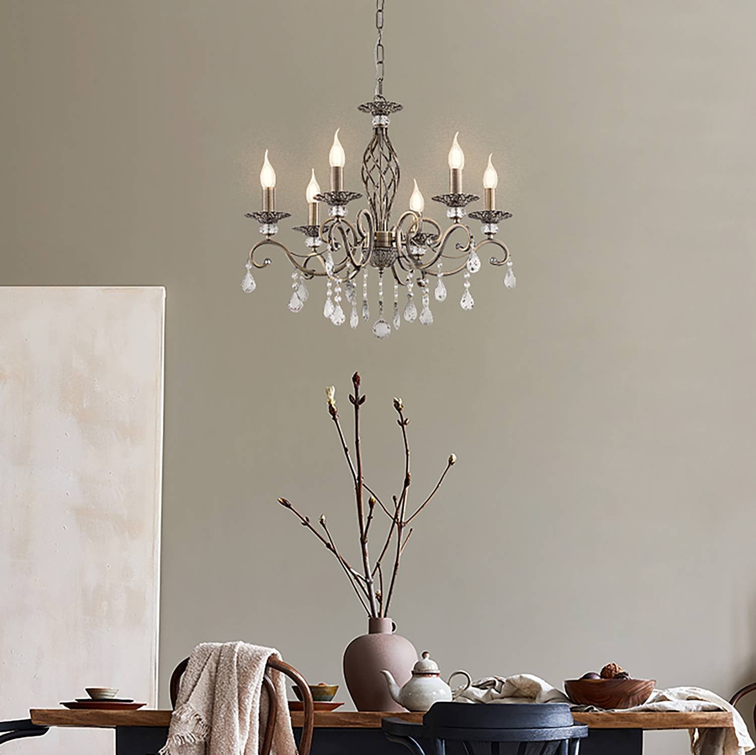 home24 Kroonluchter Grace type B, messing/goud, metaal en kristalglas, Ø 63 cm, E14