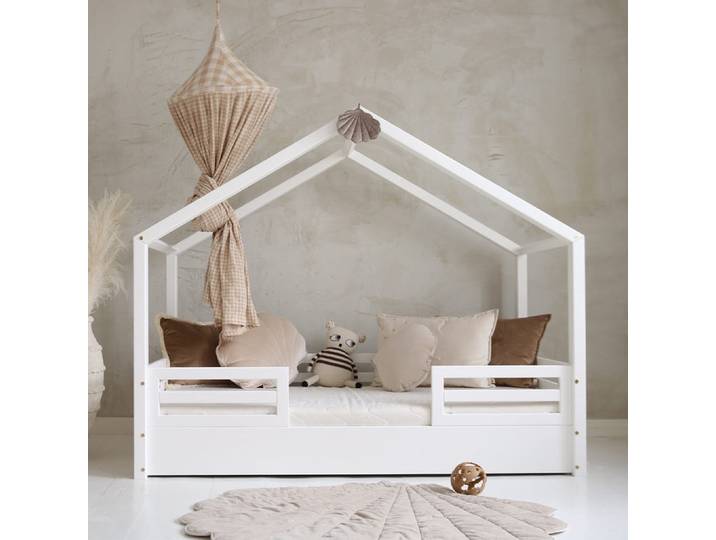 Lit cabane 90x190 barrières et sommier inclus pieds 1 cm Lucile Blanc