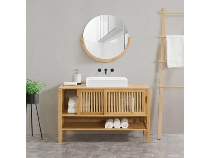 [en.casa] Waschbeckenunterschrank Hvaler Badezimmerschrank mit 2 Türen 60 x 100 x 45 cm Badschrank mit Siphonausschnitt Waschtischunterschrank Bambus Natur