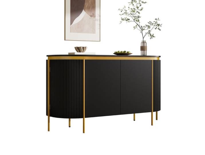 Buffet Ovale 140x38x80cm 4 Portes Pieds métal Meuble de Rangement Multifonction Salon entrée Salle à Manger Noir