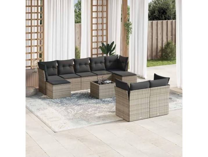 KTHLBRH Gartenmöbel-Set 10-teilig mit grauen Kissen aus Polyrattan Strapazierfähiges PE-Rattan, wasserdichte Aufbewahrungsbox, Tischplatte aus gehärtetem Glas, abnehmbare Kissen