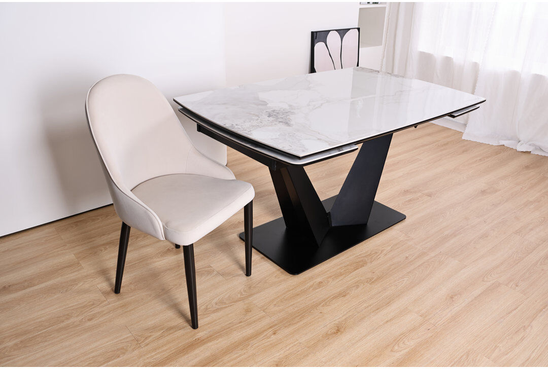 Metro Lumia Extendable Dining Table – White Marble-Effect Sintered Stone Top with Matte Black, Gold & Silver Base Black