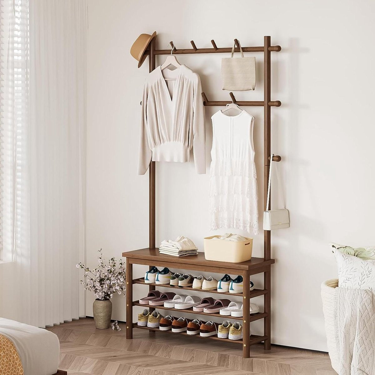 Multifunctionele 6-in-1 kapstok met bank en 13 haken - Walnoot