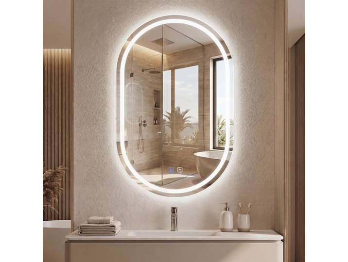 Miroir LED Salle de Bain Ovale-COSTWAY-80x50 CM 3 Températures de Couleur Mémoire Luminosité Réglable Anti-Buée