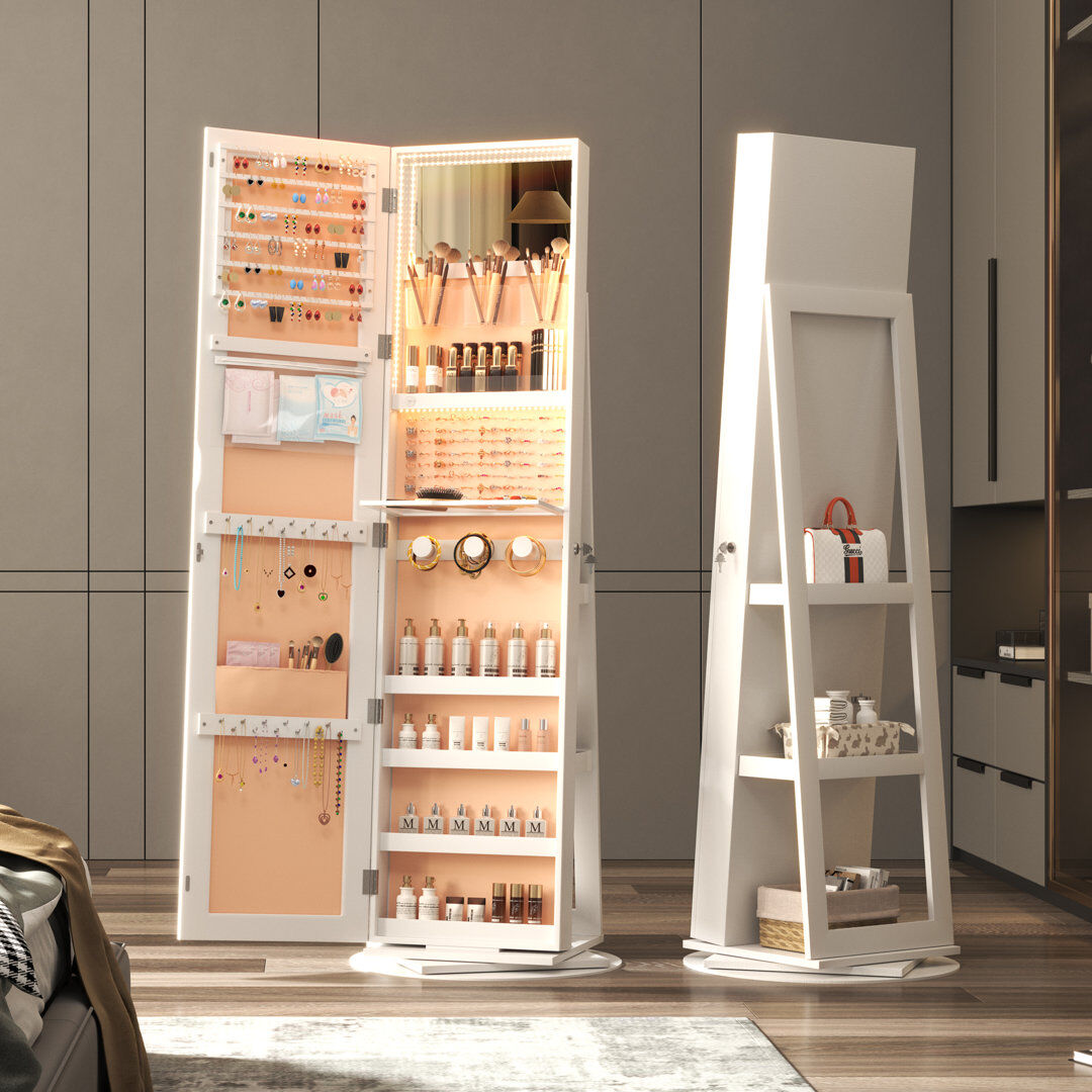 Union Rustic Blackhorse Jewellery Cabinet with Mirror Jewelry Armoire White/Beige 160cm H X 55cm W X 55cm D