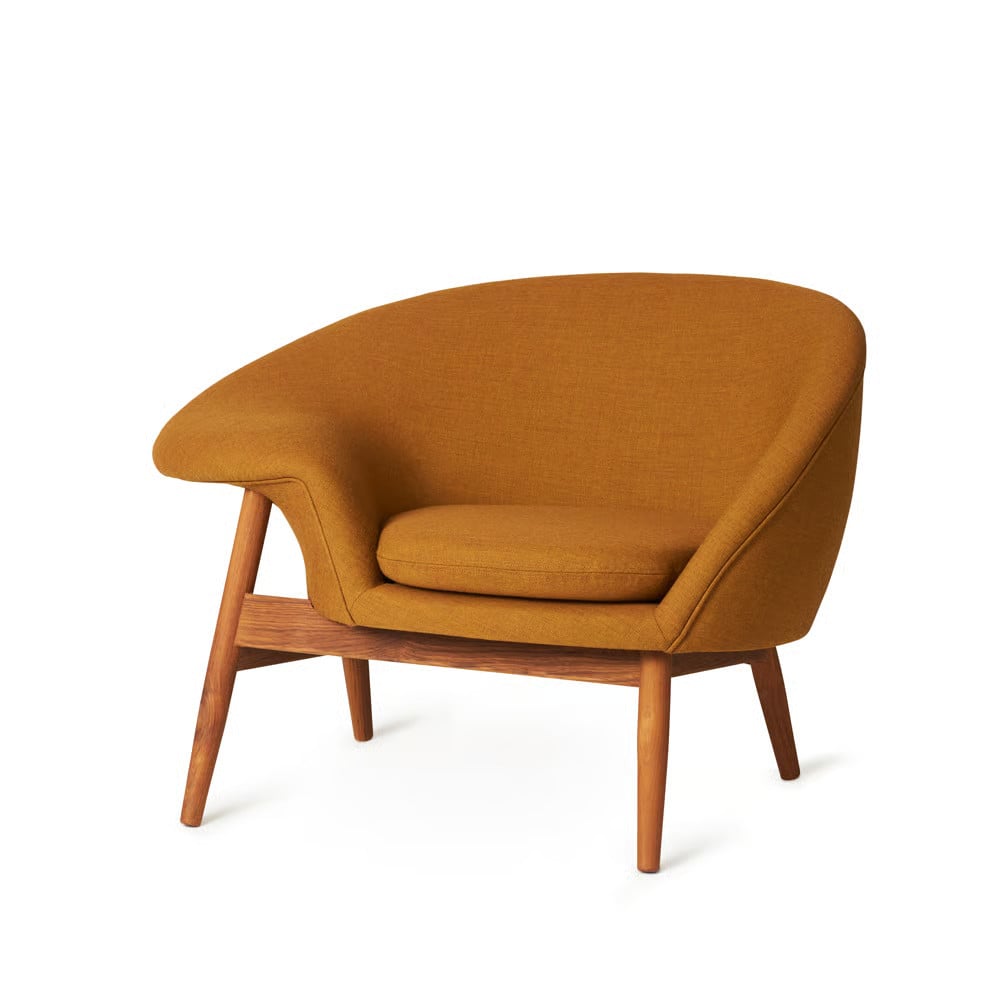 Warm Nordic Fried Egg Fauteuil - Donker oker - Canvas stof - Geoliede teakhouten poten