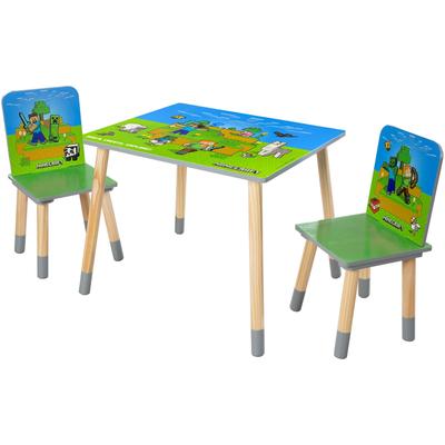 Kindersitzgruppe PHOENIX "Minecraft Sitzgruppe", minecraft, grün, natur, grau, B:60cm H:49cm T:50cm, MDF, Massivholz, Sitzmöbel-Sets, Set Tisch mit 2 Stühlen