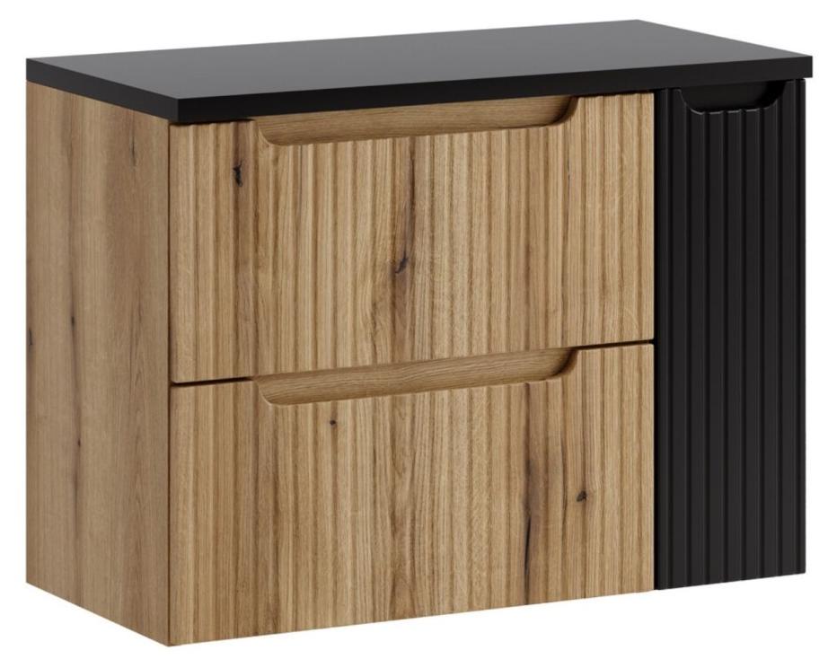 Schwebendes Badezimmer-Set VANO in Hell-Eiche und Schwarz 80cm: Unterschränke mit Schubladen und Schränken + Abdeckplatte für das Waschbecken