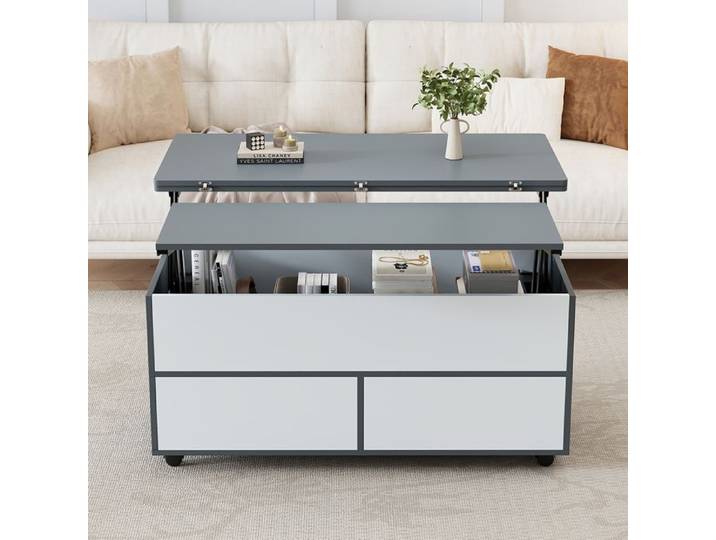 Table basse réglable roulettes tiroirs multifonction Gris-Blanc 100x98x65cm