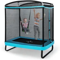 Costway 2 in 1 Kindertrampolin mit Schaukel, Gartentrampolin rechteckig mit Sicherheitsnetz