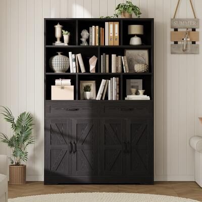 Garvee 71in Bookcase with 2 Drawers, 4 Doors & 8 Open Cubes, 6-Tier Large Wooden Bookshelf, Storage Cabinet Organizer