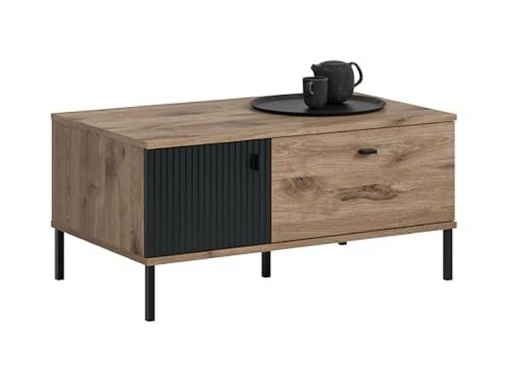 xonox.home – Couchtisch Chess 100x48x60 cm in Schwarz Tiefzieh und Nox Oak Nachbildung – Wohnzimmertisch mit Tür & Klappe – Zusätzliche Ablagefächer Sorgen für Ordnung rund um Ihr Sofa-Ensemble