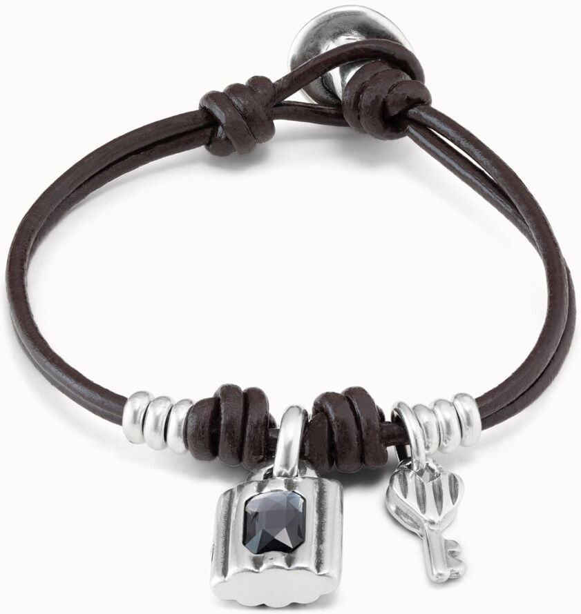 UNOde50 Pulsera bañada en plata de ley con tiras de cuero y charms de candado y llave Gris M