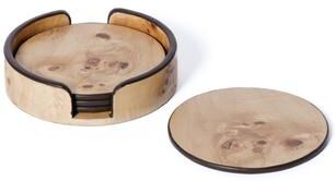 Zodax Valberg Burl Veneer Round Beverage Coasters with Holder, Set of 4 - Natural