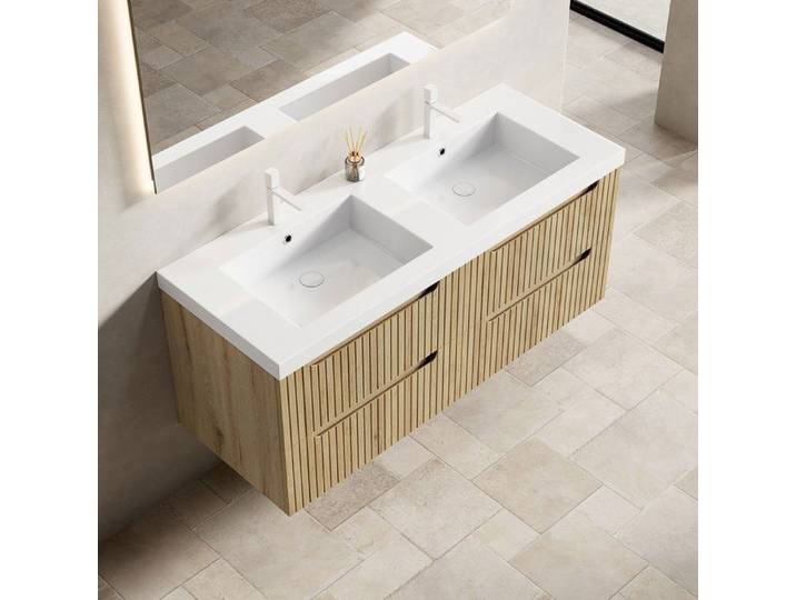 Maisentiel Meuble sous vasque suspendu 120 cm double vasque intégrée 4 tiroirs blanc et chêne clair