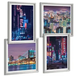 BILDER SET 4er Set - 50x50 cm & 40x60 cm Silberner Rahmen - Nachtstädte mit Neonlichtern