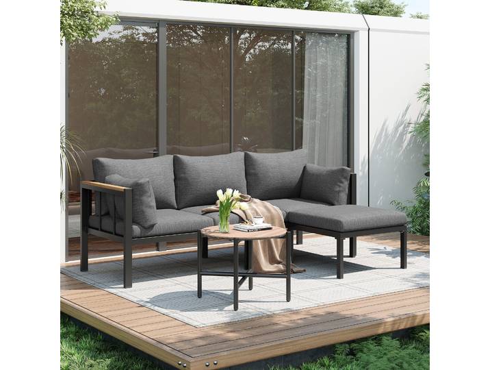 STILVORA Gartenmöbel-Set als Eckgarnitur mit Sofa, Couchtisch und Fußhocker, Gartensofa-Set mit Glastischplatte, Lounge-Set für Garten und Außenbereiche,Grau