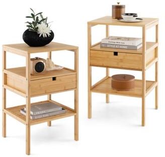 Costway Nightstand Set of 2 Bamboo End Table with 2 Open Shelves and Drawer-Set of 2